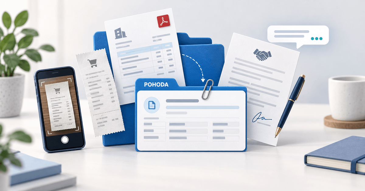 Bloček, PDF faktúra, podpísaná zmluva a telefón pri modrom priečinku a karte dokumentu POHODA